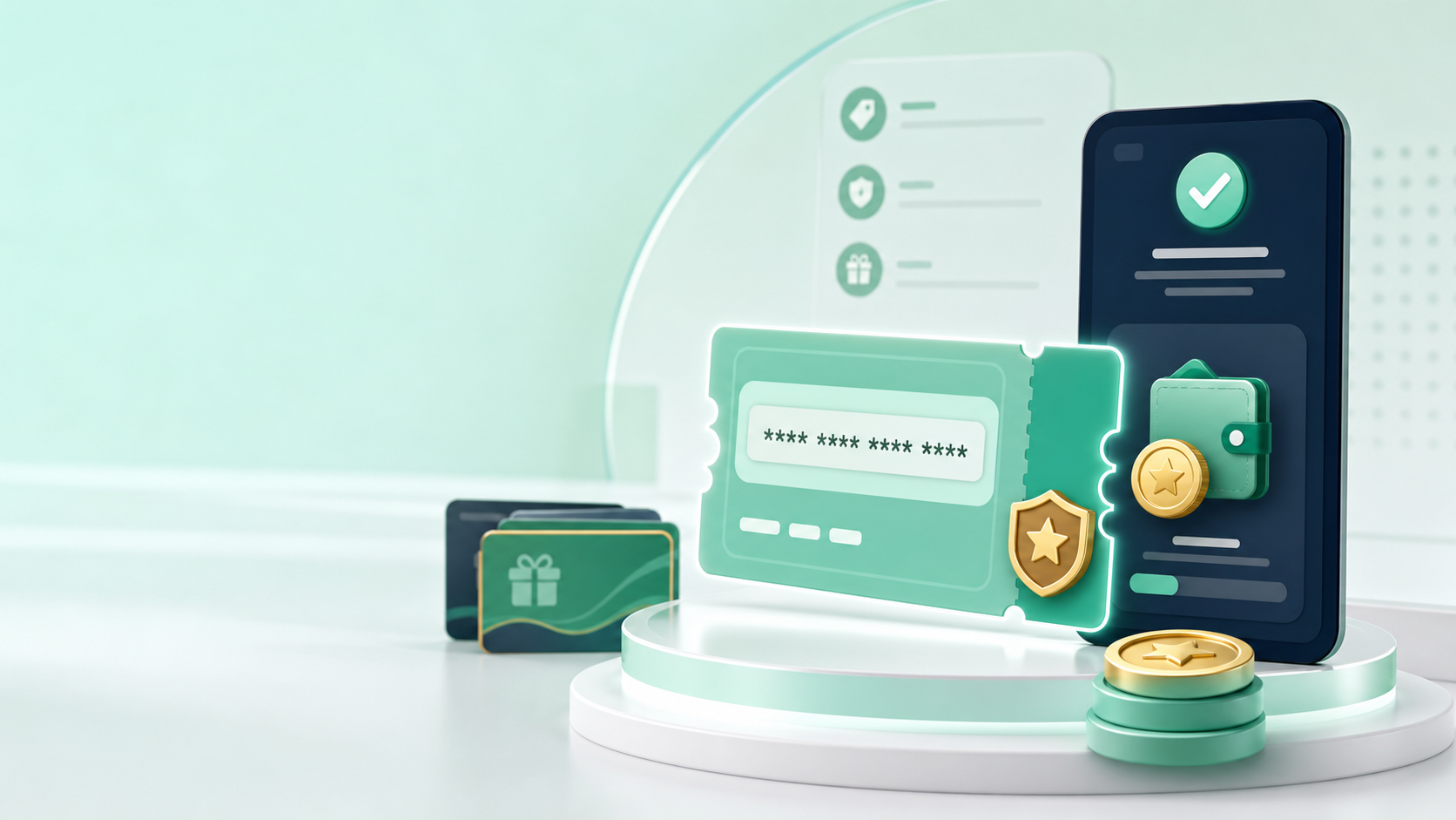 Secure CDK reward code redemption scene with gift card, wallet, verification checkmark, and campaign coin