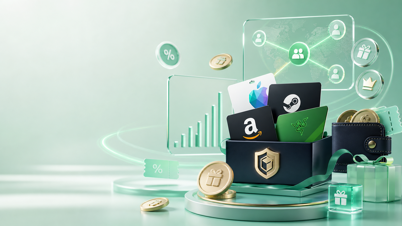 Kob Card reward and gift card trading scene with campaign coins and card icons